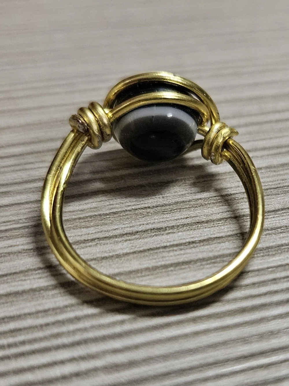 Gold Wire-Wrapped Black Evil Eye Bead Ring - Women Jewelry Size 7